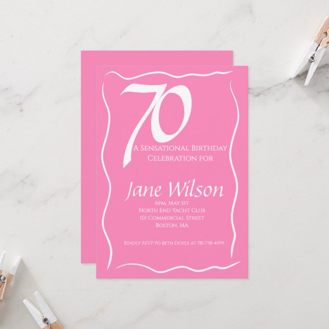 70 and Sensational Pink Birthday Invitation (Front/Back In Situ)