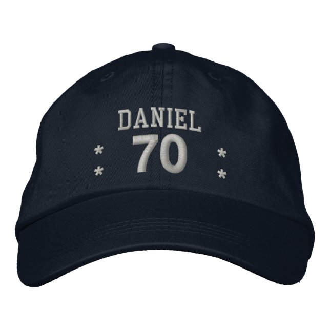 70 Birthday Custom Name RED SILVER V70A Embroidered Baseball Cap (Front)