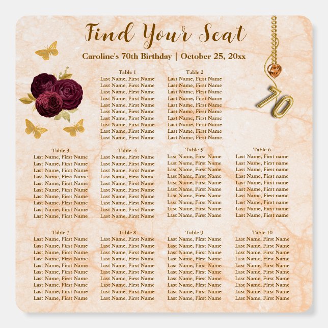70 Birthday, Foil Balloon, 10 Tables Seating Plan  Foam Board (Front)