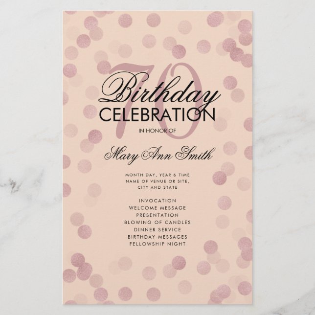 70 Birthday Program Rose Gold Confetti Menu Blush Flyer (Front)