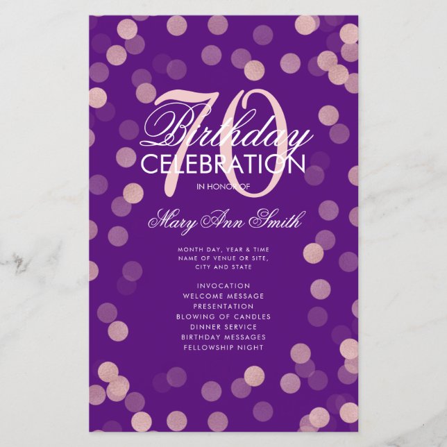 70 Birthday Program Rose Gold Confetti Menu Purple (Front)