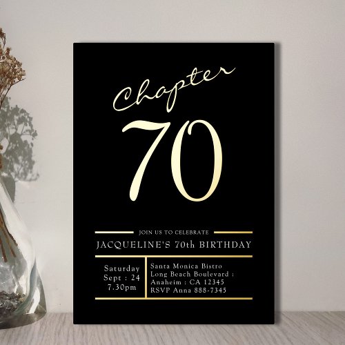 70 Black 70th Birthday Party Gold Foil Invitation