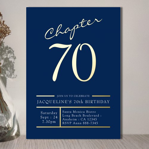 70 Blue 70th Birthday Party Gold Foil Invitation