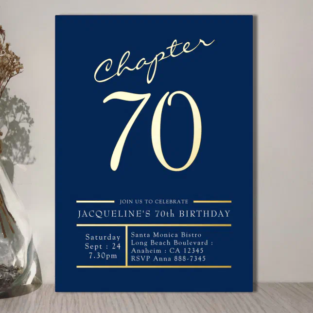 70 Blue 70th Birthday Party Gold Foil Invitation Zazzle