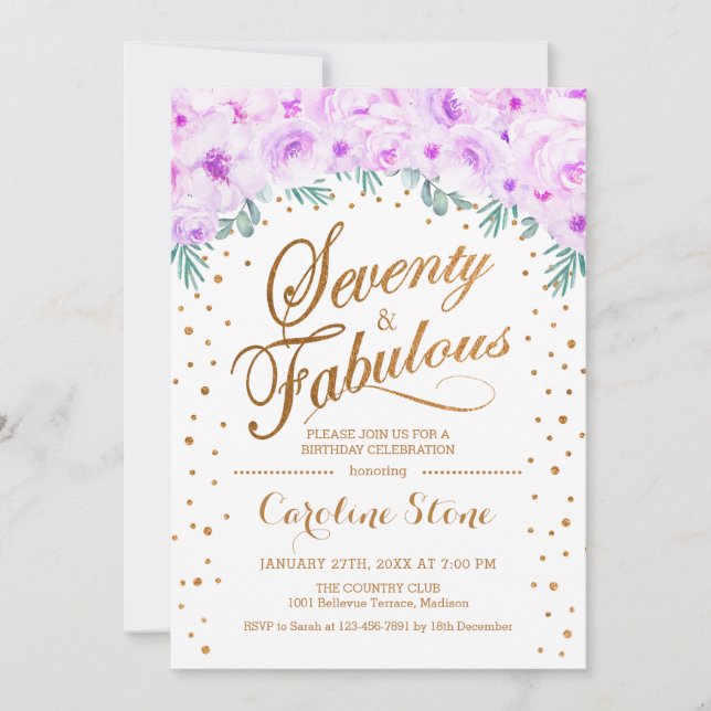 70 Fabulous Birthday Party - White Gold Purple Invitation (Front)