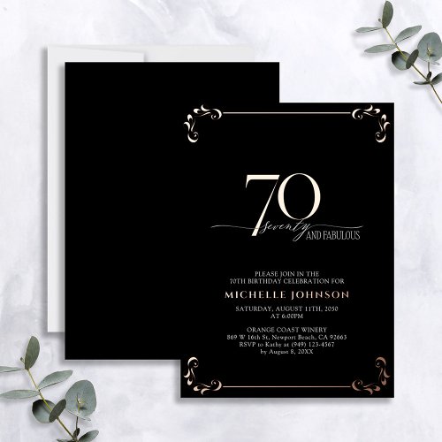 70  Fabulous Black Rose Gold Calligraphy Birthday Foil Invitation