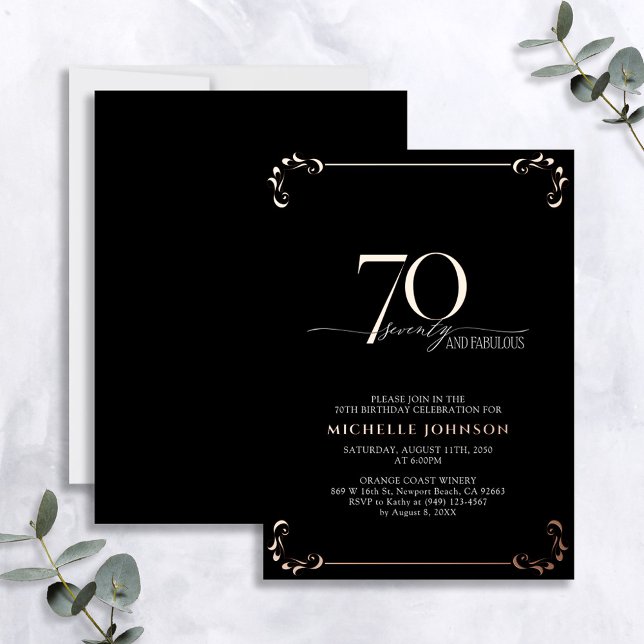 70 & Fabulous Black Rose Gold Calligraphy Birthday Foil Invitation (Creator Uploaded)