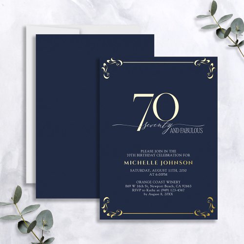 70  Fabulous Blue  Gold Calligraphy Birthday Foil Invitation