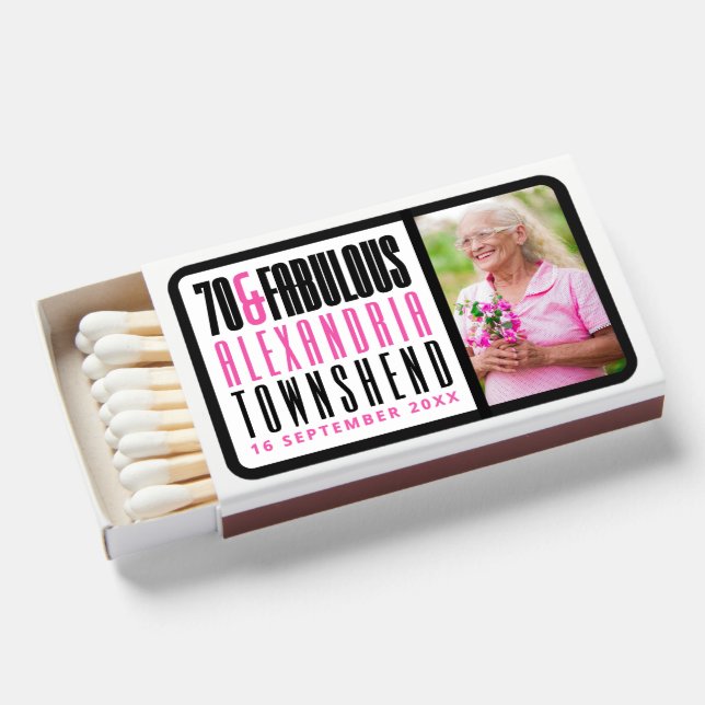 70 & Fabulous Bold Chic Typography 70th Birthday Matchboxes (Front Open)
