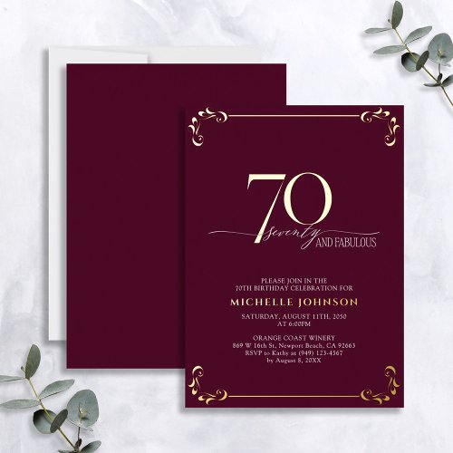 70  Fabulous Burgundy  Gold Calligraphy Birthday Foil Invitation