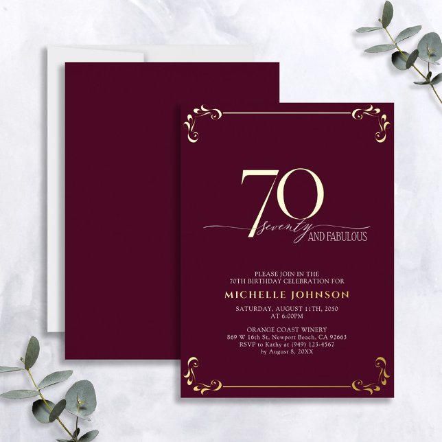 70 & Fabulous Burgundy & Gold Calligraphy Birthday Foil Invitation (Creator Uploaded)