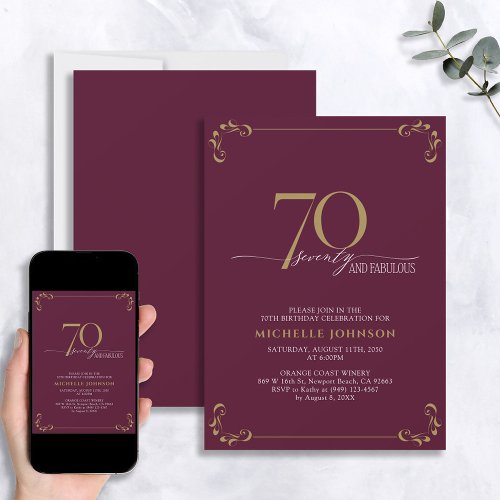 70  Fabulous Burgundy White  Gold Birthday Invitation