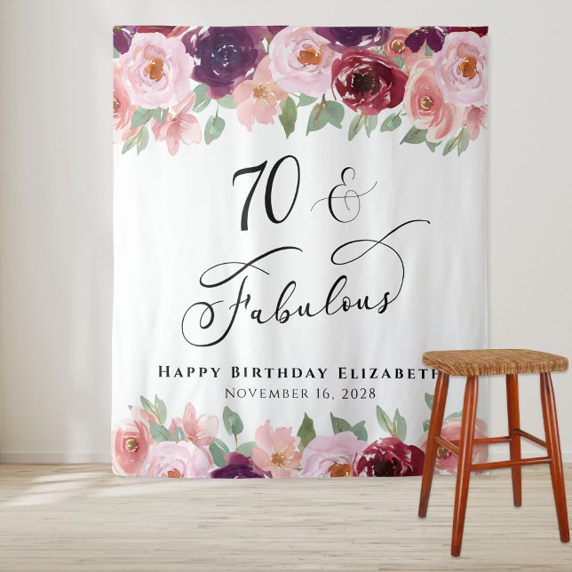 70 Fabulous Floral Watercolor 70th Birthday Party Tapestry (Creator Uploaded)