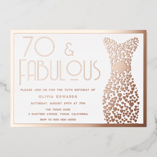 70 & Fabulous Gold Gown Retro 70th Birthday Foil Invitation (Front)