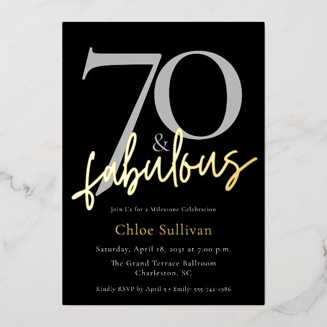 70 & Fabulous Gold Script Chic Birthday Party Foil Invitation (Front)
