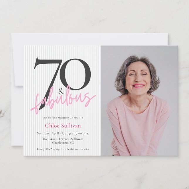 70 & Fabulous Photo Pink Script Birthday Party Invitation (Front)