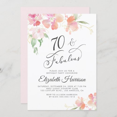 70 Fabulous Pink Floral Watercolor Birthday Party Invitation