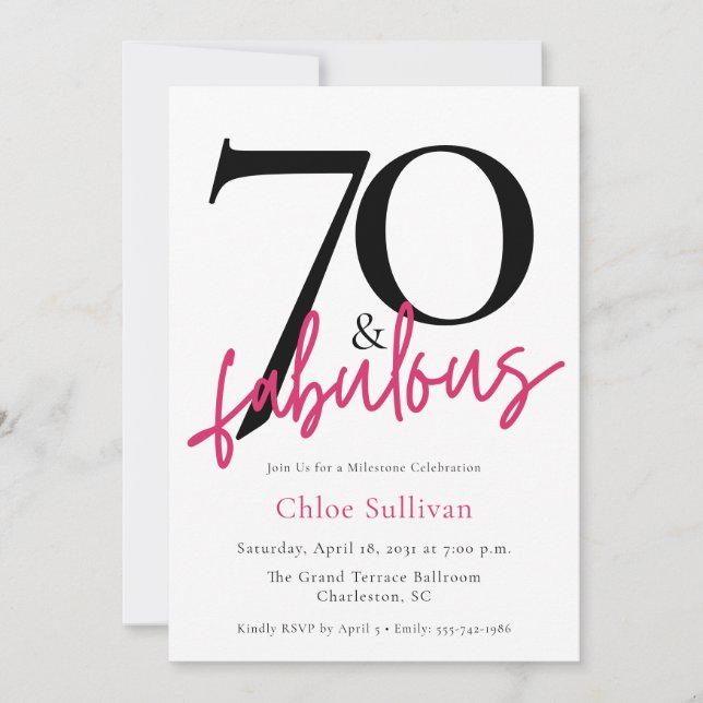 70 & Fabulous Pink Script Chic Birthday Party Invitation (Front)