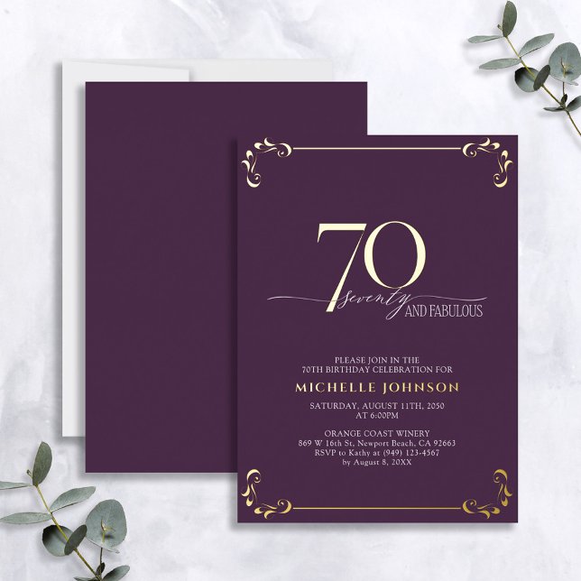 70 & Fabulous Purple & Gold Calligraphy Birthday Foil Invitation (Creator Uploaded)