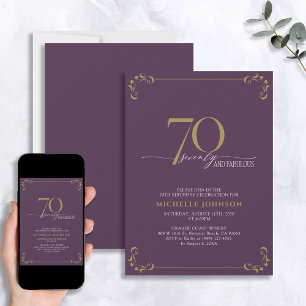 70 & Fabulous Purple & Gold Calligraphy Birthday Invitation