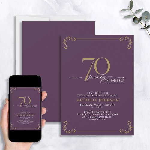 70  Fabulous Purple  Gold Calligraphy Birthday Invitation