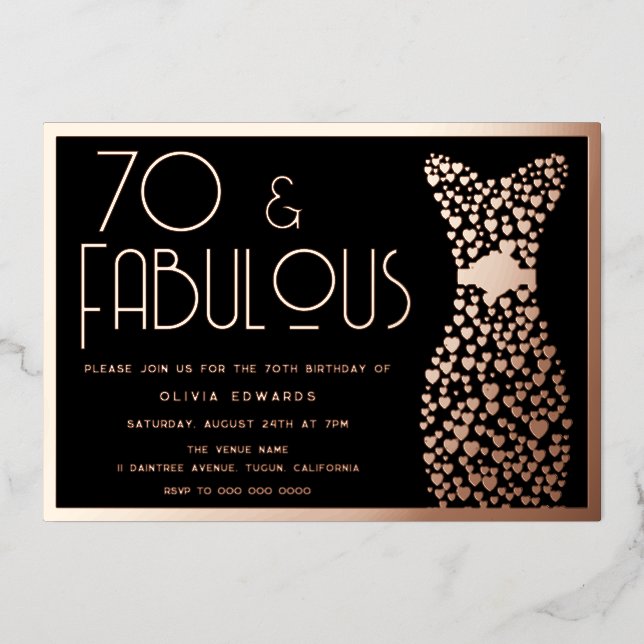 70 & Fabulous! Rose Gold & Black 70th Birthday  Foil Invitation (Front)
