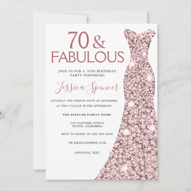 70 & Fabulous Rose Gold Dress 70th Birthday Party Invitation (Front)