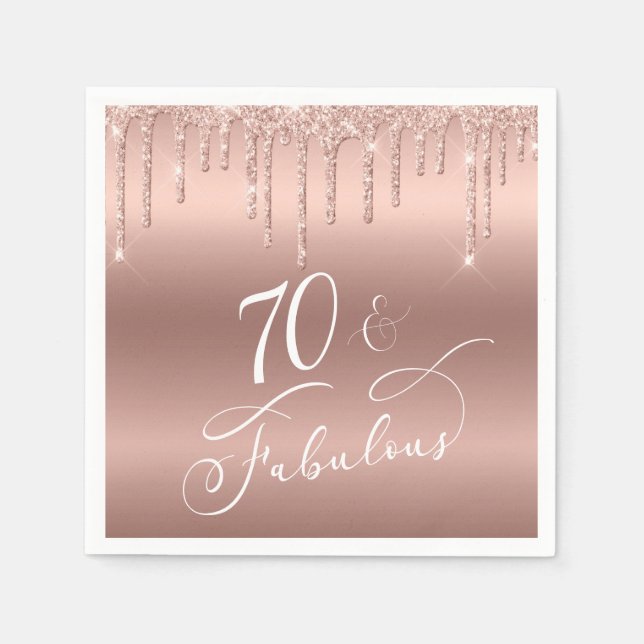 70 Fabulous Rose Gold Glitter 70th Birthday Party Napkins (Front)