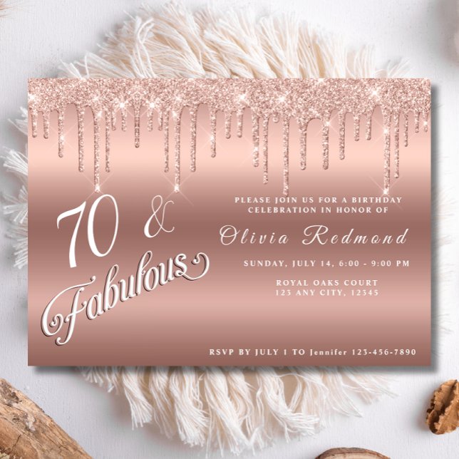 70 Fabulous Rose Gold Glitter Birthday Party Invitation (Creator Uploaded)