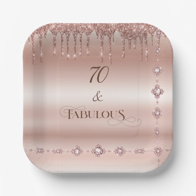 70 Fabulous Rose Gold Glitter Birthday Party Paper Plates (Front)