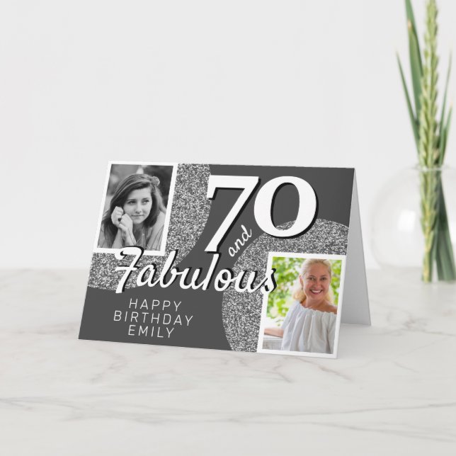 70 & Fabulous Silver Glitter 2 Photo 70th Birthday Card (Front)