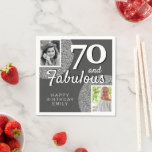 70 & Fabulous Silver Glitter 2 Photo 70th Birthday Napkins<br><div class="desc">70 & Fabulous Silver Glitter 2 Photo 70th Birthday Party Napkins. Celebrate a special milestone with these one-of-a-kind 60th birthday party napkins! These chic napkins feature old and new photos, faux silver glitter, and 60 and Fabulous text for a truly unique look. Perfect for any birthday party. Add your photos...</div>