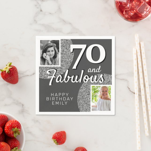 70 & Fabulous Silver Glitter 2 Photo 70th Birthday Napkins (Insitu)