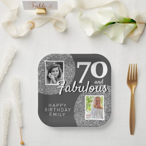 70  Fabulous Silver Glitter 2 Photo 70th Birthday Paper Plates