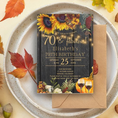 70 fabulous years fall floral rustic birthday invitation