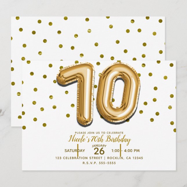 70 Gold Balloons & Confetti 70th Birthday Party Invitation (Front/Back)