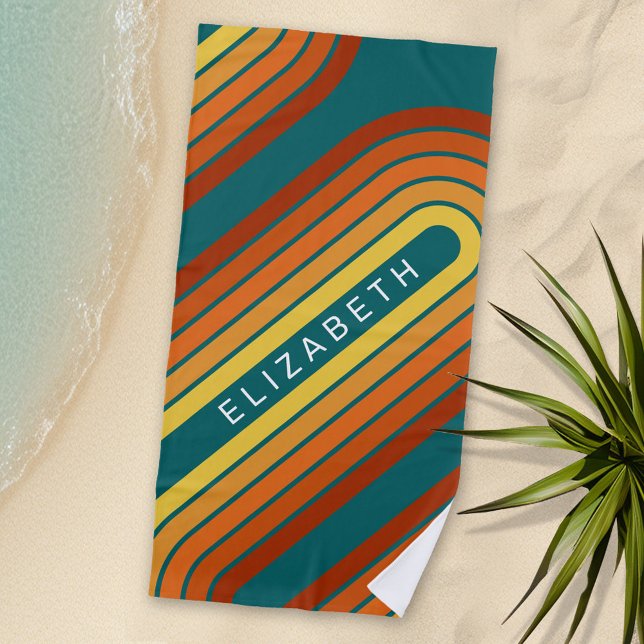 70 Inspired Line Art Sunset Red Orange Yellow Arch Beach Towel (Personalized Beach Towel with Retro Stripes and Text)