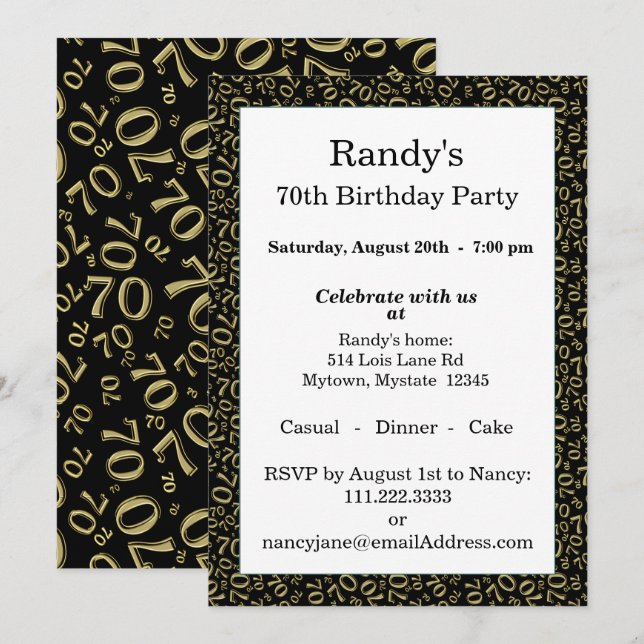70 Random Number Pattern Black/Gold 70th Invitation (Front/Back)
