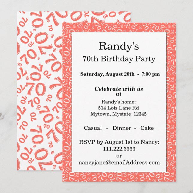 70 Random Number Pattern Coral/White 70th Invitation (Front/Back)