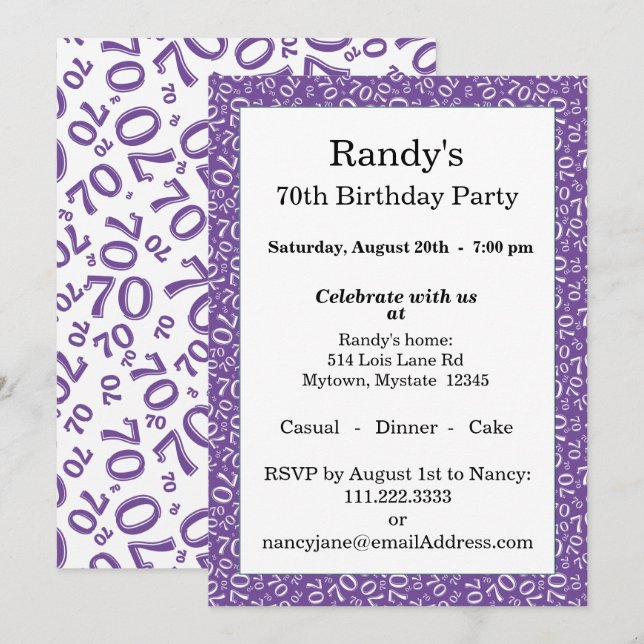 70 Random Number Pattern Purple/White 70th Invitat Invitation (Front/Back)
