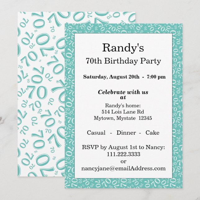 70 Random Number Pattern Teal/White 70th Invitation (Front/Back)