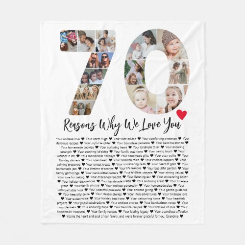 70 Reasons Why We Love You 70th Birthday Collage Fleece Blanket
