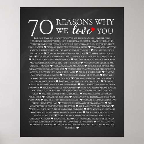 70 reasons why we love you 80th 60th 50th birthday poster