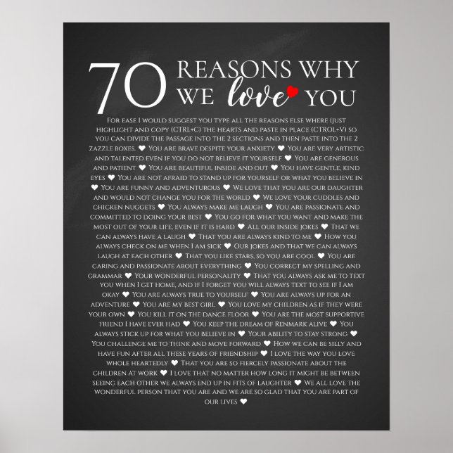 70 reasons why we love you 80th 60th 50th birthday poster (Front)