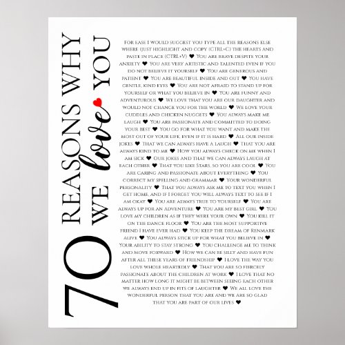 70 reasons why we love you 80th 60th 50th birthday poster
