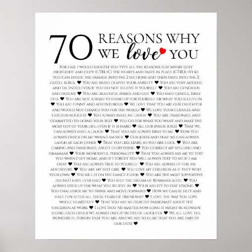 70 reasons why we love you 80th 60th 50th birthday poster Zazzle