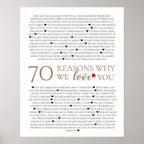 70 reasons why we love you 80th 60th birthday 50th poster