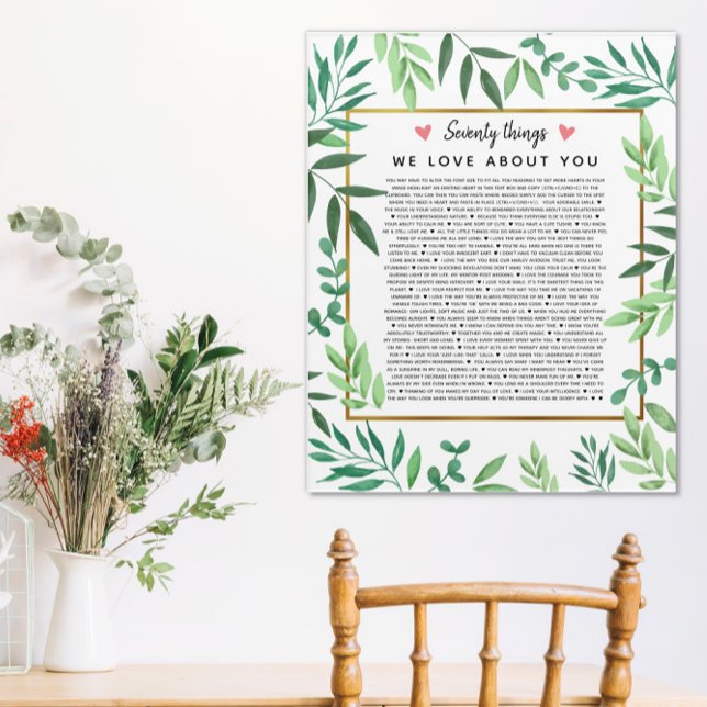 70 reasons why we love you birthday foliage acrylic print (Creator Uploaded)