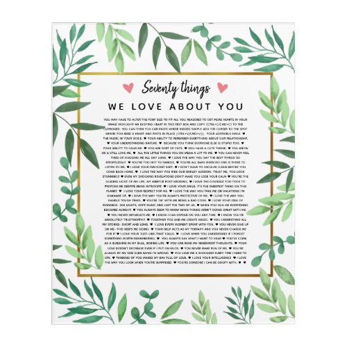 70 reasons why we love you birthday foliage acrylic print