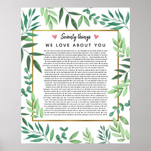 70 reasons why we love you birthday foliage poster